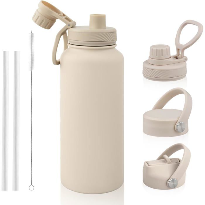 1L Gourde Isotherme Bouteille Isotherme Gourde Isotherme Paille Tasse Isotherme À Double Paroi 3 Bouchons Anti-Fuite Sans Bp
