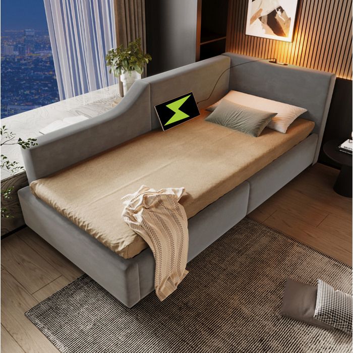 Lit de jour rembourré 90x200 cm en velours gris avec rangement hydraulique lampe de lecture et USB-C FOLYNA