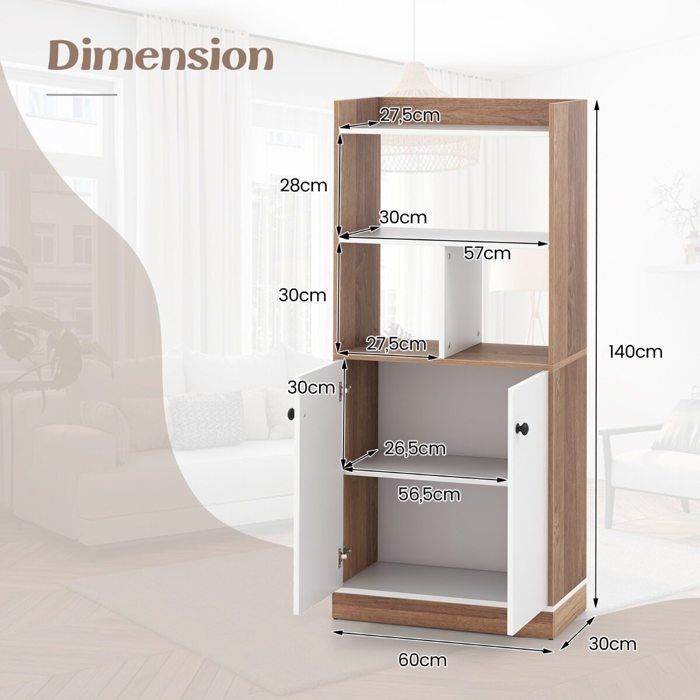Bibliothèque avec placard 2 portes étagère 3 niveaux et 4 cubes ouverts 60x30x140 cm pour salon ou bureau