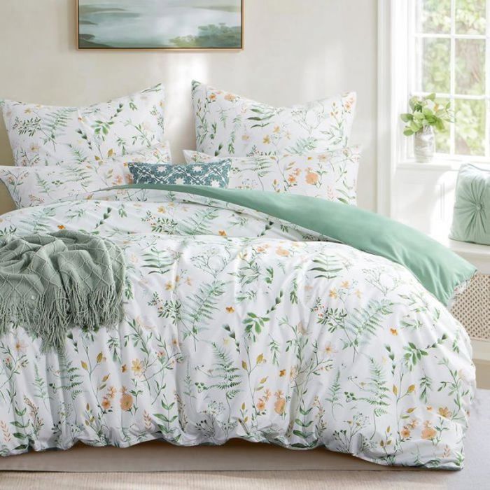 Housse de couette 200x200 cm réversible fleurs vertes - microfibre brossée fermeture éclair - lot de 2 taies doreiller
