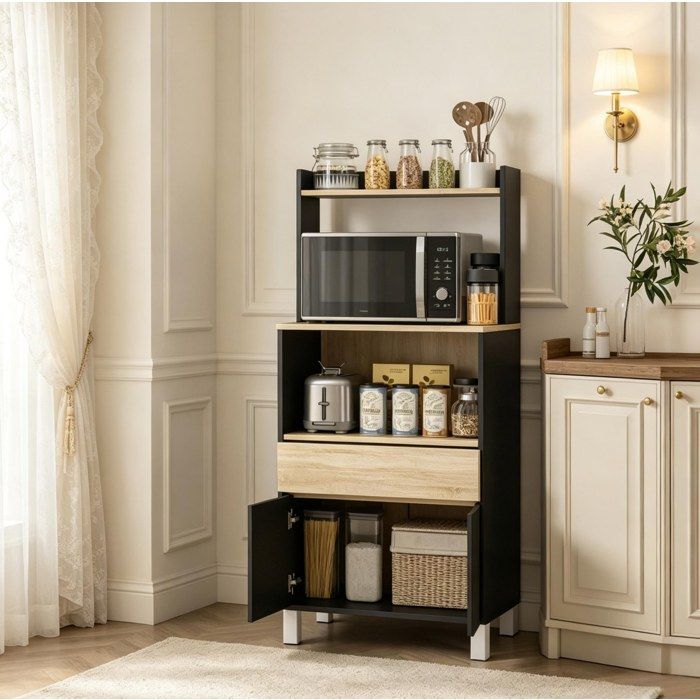WUVRIE Meuble micro-ondes de cuisine rangement vertical 60 x 40 x 131 cm noir et aspect bois