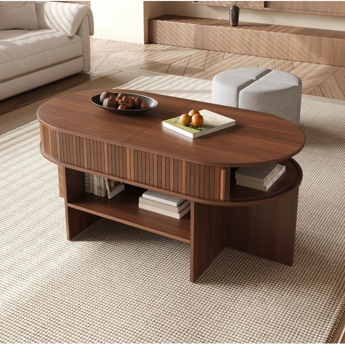 VUENOR Table basse ovale noyer 120 x 60 x 515 cm avec rangement 2 portes coulissantes et 2 poufs en tissu
