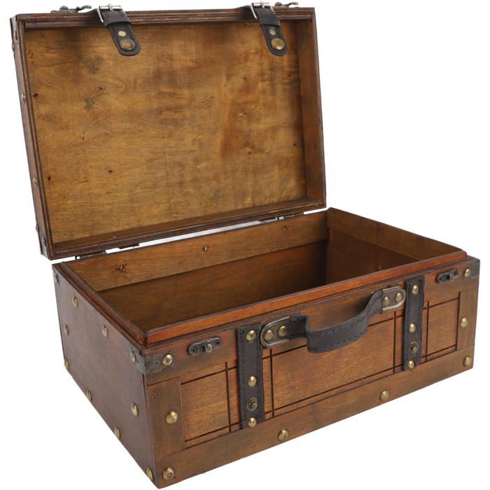 Valise en Bois Vintage Coffre de Rangement Décoratif avec Poignée en Cuir Boucle en Bronze Antique Idéale pour Le Rangement