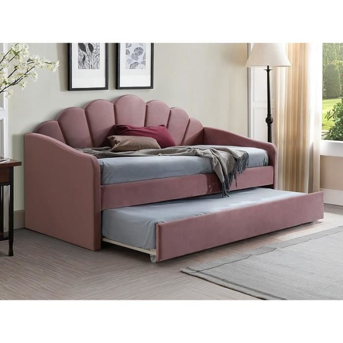 lits - lit simple avec un couchage supplémentaire en velours - rose - l 200 cm x l 90 cm