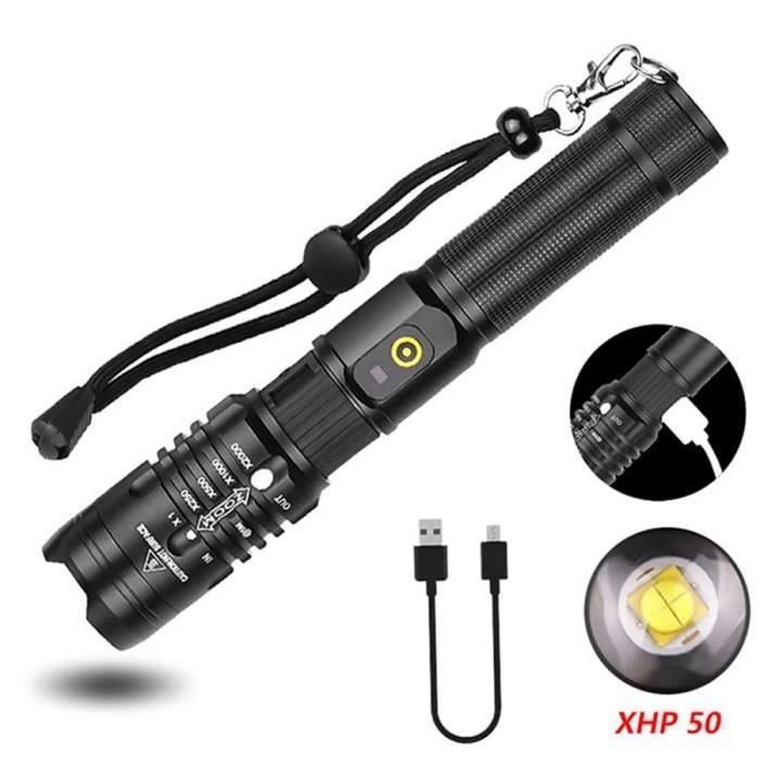 Lampe de Poche Tactique Ultra Lumineuse Militaire Eclairage LED Torche USB Zoomable étanche Sports Ménage Camping Bricolage Urgence