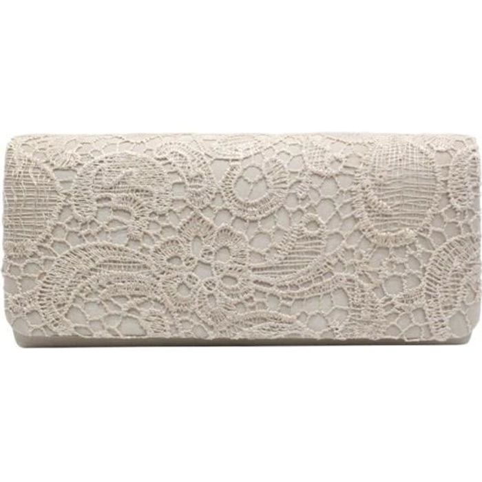 pochette sac de soirée mariage cérémonie à main en dentelle florale beige pour femme