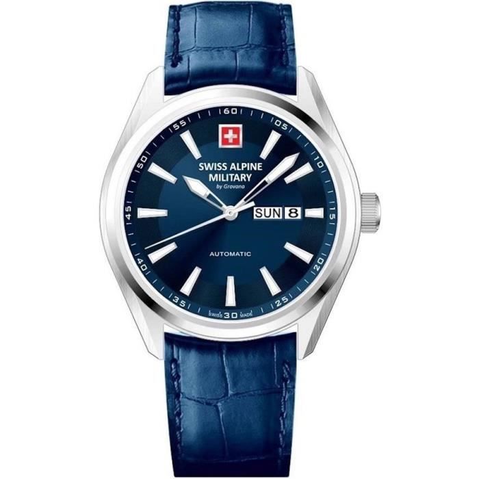 Montre Mécanique Homme Swiss Alpine Military SAM7090.2535 - Acier inoxydable - Cadran Bleu - Bracelet Cuir