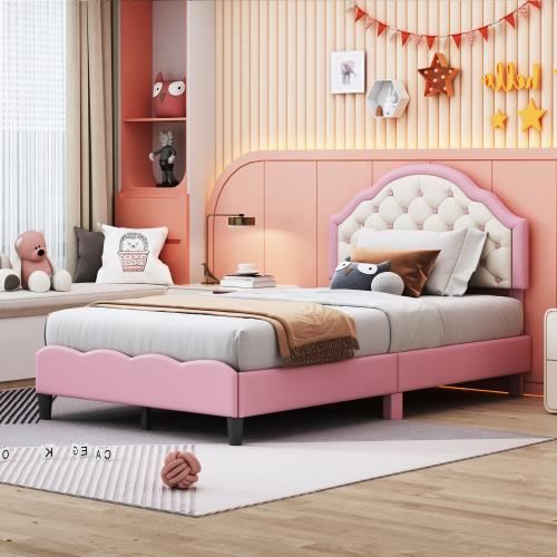 lit d'enfant lit rembourré, cadre à lattes pu lit de fille en cuir avec dossier, 90 x 200cm, rose