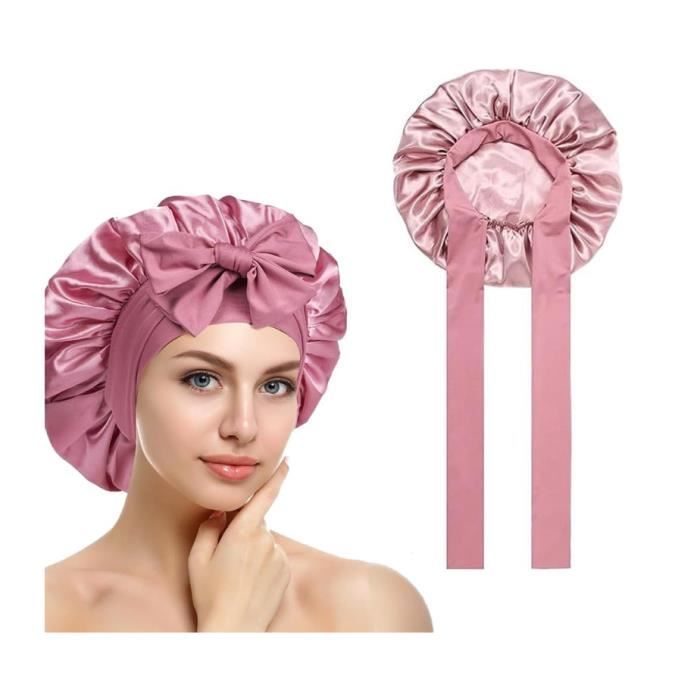 Bonnet de Nuit - Femme - Satin - Élastique - Rose - Confortable pour Cheveux