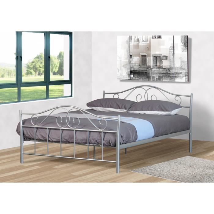 Lit Adulte En Metal Gris Alexandra 140x190 Cm Sommier 2 X 15