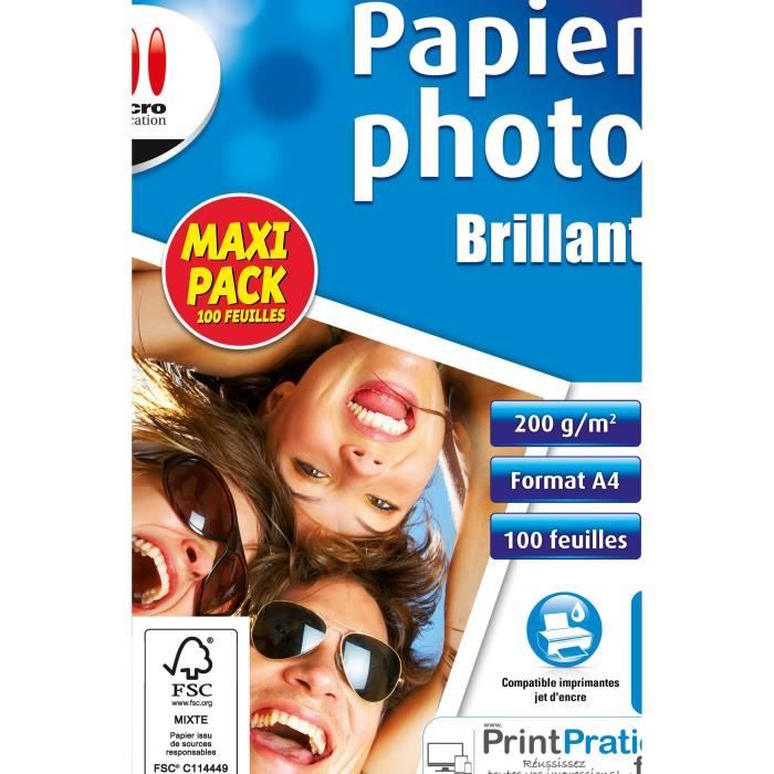PrintPro Lot de 100 feuilles de papier photo brillant 200 g/m² A4 