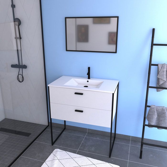 Pack salle de bain avec miroir et vasque en céramique - Blanc -90 x 80 x 45 cm