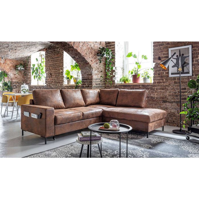 lilly l canape d angle l 5 places convertible industriel vintage angle droit couleur marron cdiscount maison