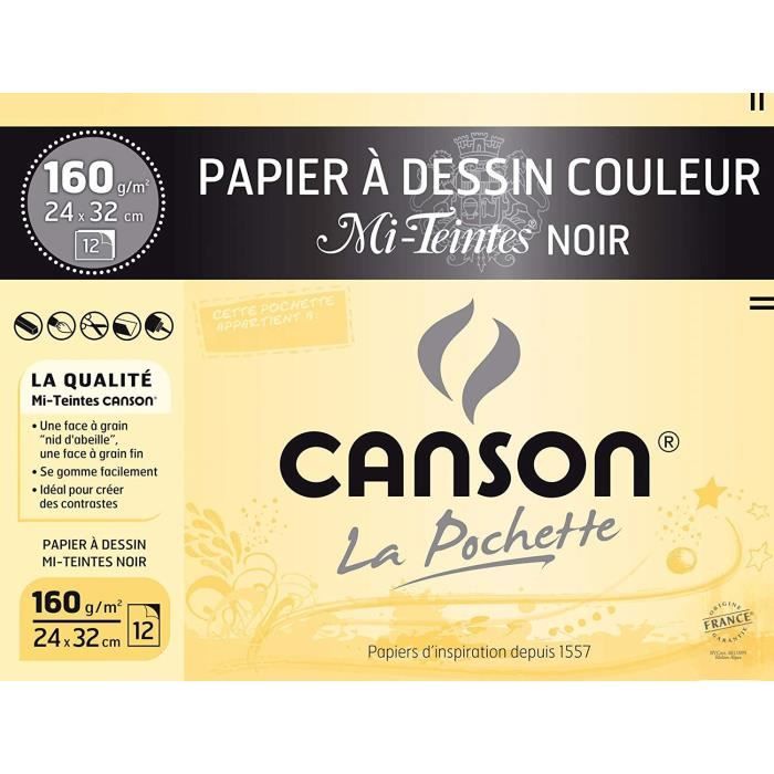CANSON - Pochette papier dessin Mi-Teinte - 24 x 32 cm - 160g - 12 feuilles  - Noir - Cdiscount Jeux - Jouets
