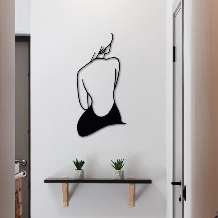 Décoration Murale Métal Minimaliste - Silhouette Femme Ligne Noire, 40x30cm, Moderne