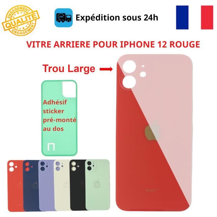 VITRE ARRIERE IPHONE 12 ROUGE LOGO ADHESIF GROS TROU