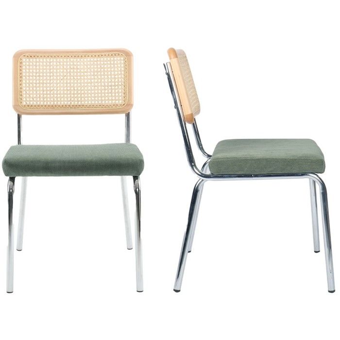 Lot de 2 chaises en métal chromé cannage naturel et velours côtelé vert - Paula Lot de 2 chaises en métal chromé cannage naturel et velours côtelé vert - Paula