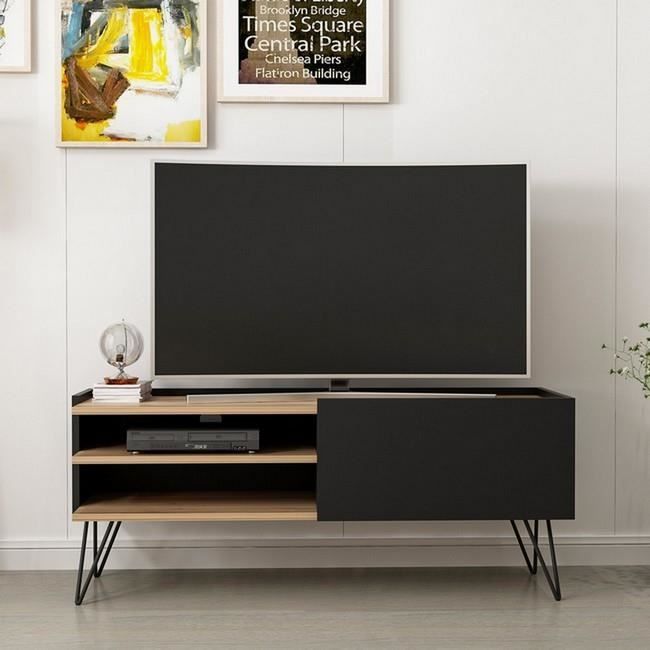 homemania meuble tv aral- avec portes, étagères, tablettes - pour le salon - noir, bois, métal, 124 x 37 x 50