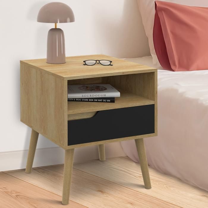 IDMARKET Lot de 2 tables de chevet HELSINKI scandinaves 1 tiroir avec niche effet hêtre et noir