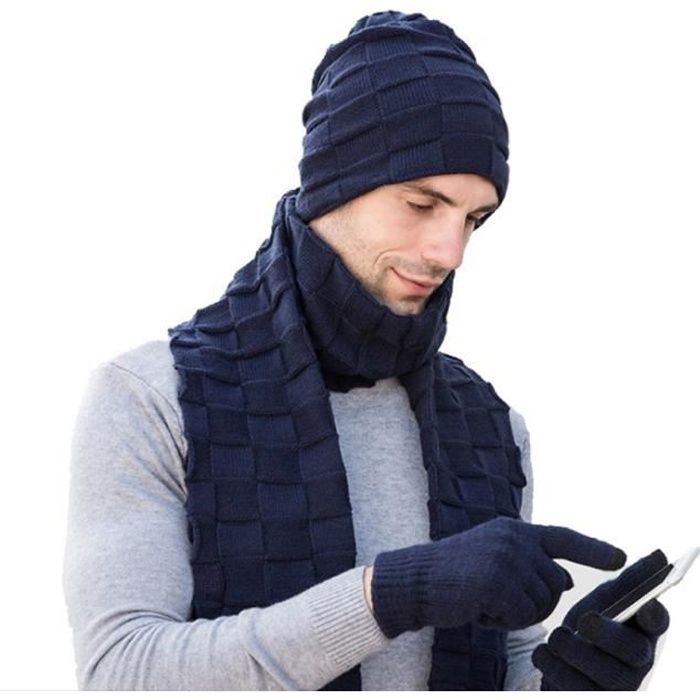 Ensemble 3 Bonnet +Écharpe+ Gants d'écran Tactile Tricoté d'hiver