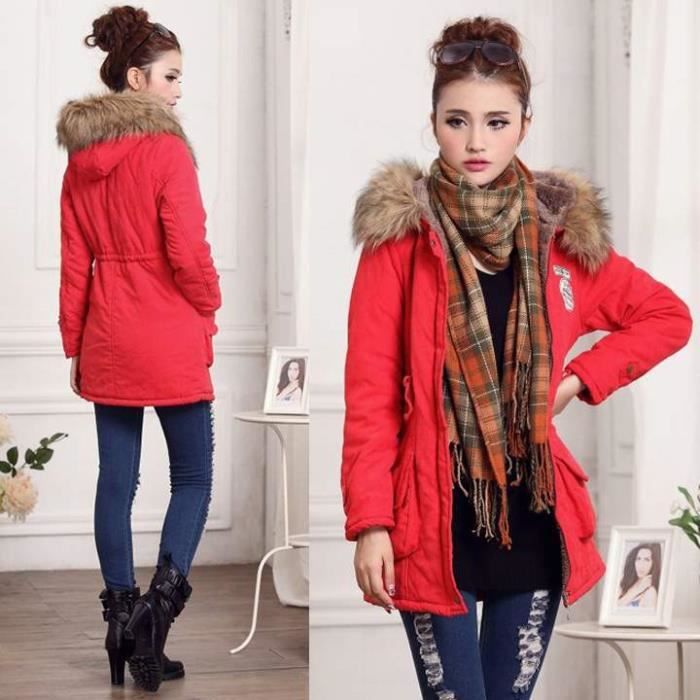 Parka femme rouge capuche fourrure 2025
