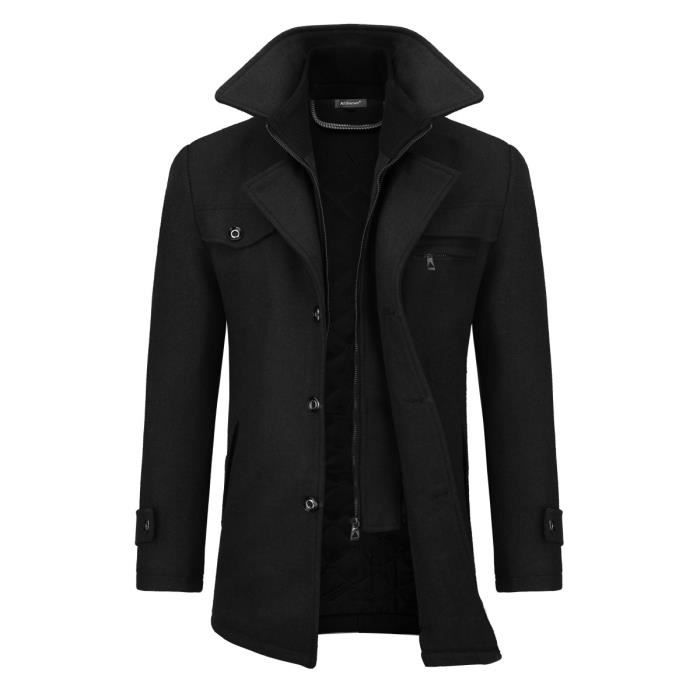 ALLTHEMEN Manteau Homme en Laine Chaud Court Epais Slim Fit Business Hiver Trench-Coat avec Un Col Accessoire-Noir
