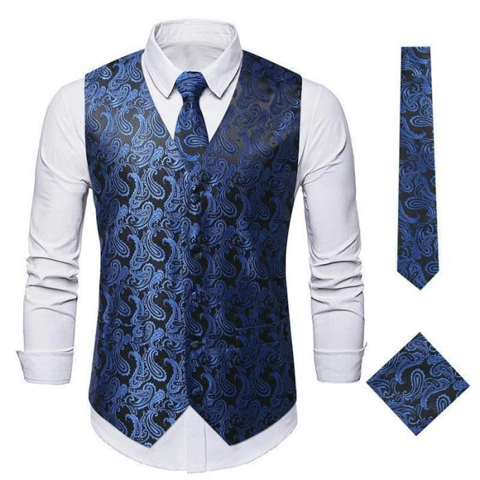Gilet Costume Homme Classique Paisley Floral Avec Cravate Et Mouchoir De Poche Regular Fit Sans Manches Bleu Bleu Cdiscount Pret a Porter