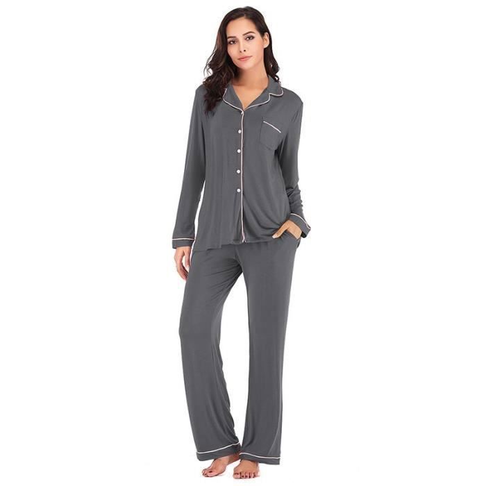 Pyjama Femme Long,En Satin à Manches Longues Robe De Nuit Robe Femmes