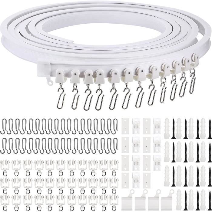 Rail De Rideau Incurvé Pliable 5m Blanc – Flexible Au Plafond Avec 30 Galets, 30 Crochets & Supports | Idéal Fenêtres, Séparations & Douche