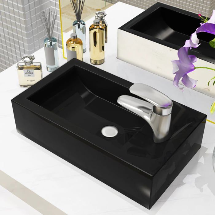 Vasque - vidaXL - Céramique Noir - 46 x 255 x 12 cm - Trou de robinet - Montage facile
