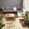 Salon de jardin en bois 5 places - Buenos Aires - Coussins gris. canapé d'angle. tablettes latérales et table basse en acacia.-1