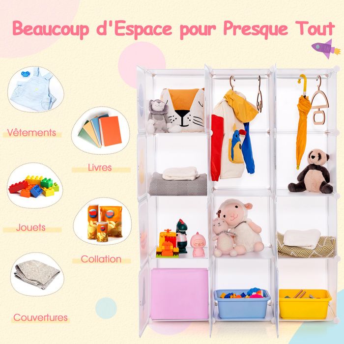 SONGMICS Meuble de Rangement Enfant 15 Cubes, Armoire modulable avec Portes, Étagère en Plastique, pour vêtements, Chaussures, Jouets, Sacs d'école, 153 x 31 x 153 cm, Blanc LPC902W