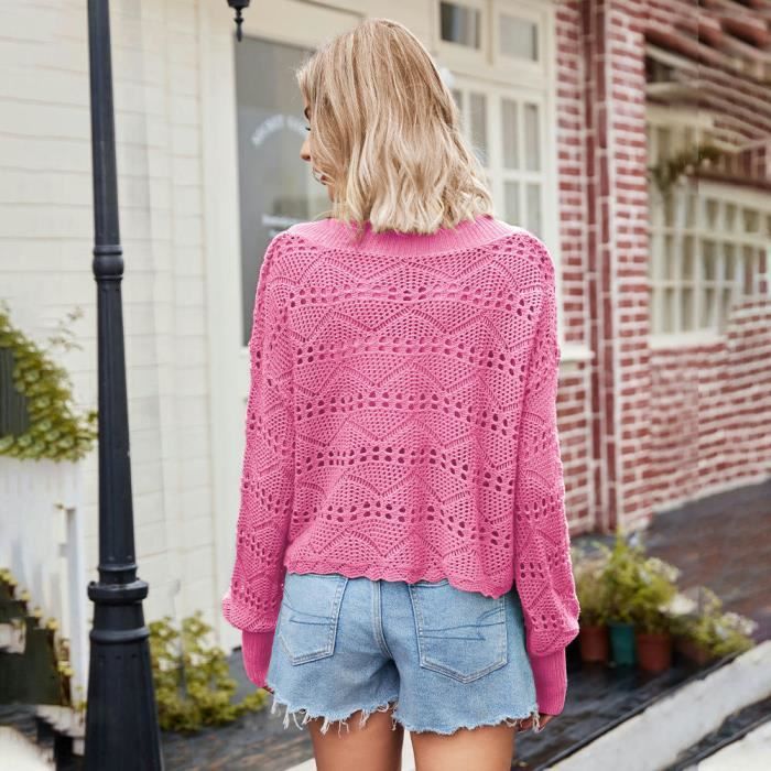 Pull Femme Col V En Tricot Ajoure Casual Pullover Lache Manches Longues Couleur Unie Tissu Confortable Noir
