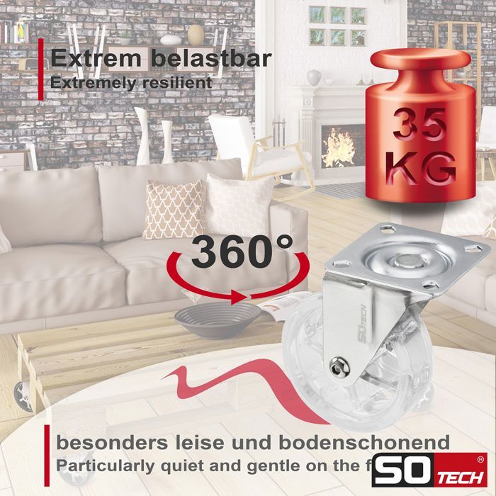 Roulette Meuble 75mm Noir Avec Frein - Charge 35kg - Hauteur 97mm