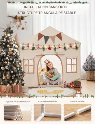 Mamabrum Tente Enfant Intérieur Forêt – 100x100x135 Cm – Tapis Rembourré, Coussins Lune/étoile Et Guirlande LED – Dès 3 Ans – Bois De Pin
