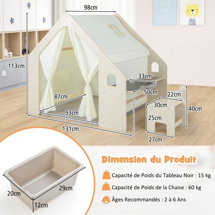Tente De Jeu Pour Enfants 6 En 1 Avec Table, Chaise Et Rangement - Maison En Bois Pour Intérieur 2-6 Ans - 5