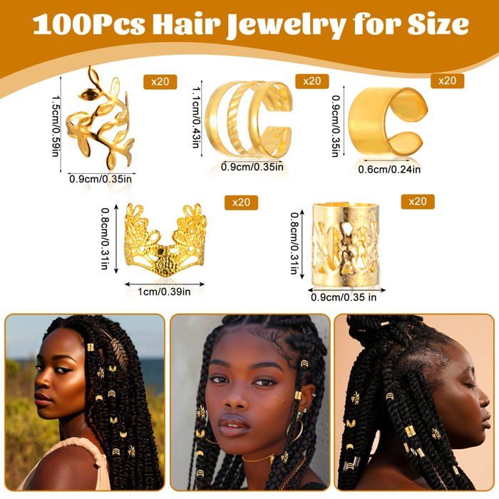 Qinzave Lot de 292 bijoux de cheveux pour tresses, bijoux pour