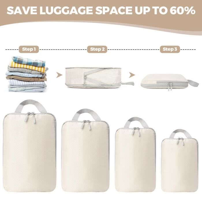 Bagage Sac Compression Packing Cubes Compression Organisateur de Voyage Ultraleger Rangement Valise Beige 4 pieces