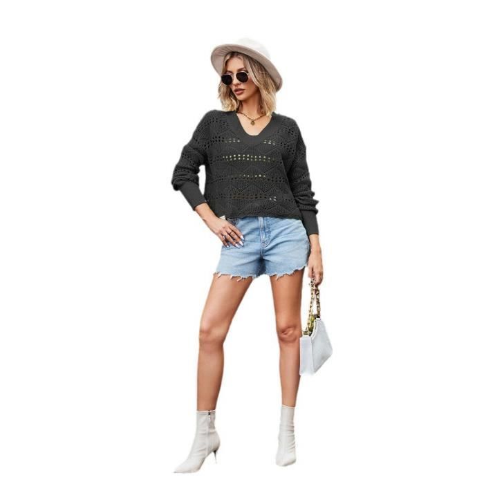 Pull Femme Col V En Tricot Ajoure Casual Pullover Lache Manches Longues Couleur Unie Tissu Confortable Noir Noir Cdiscount Pret a Porter