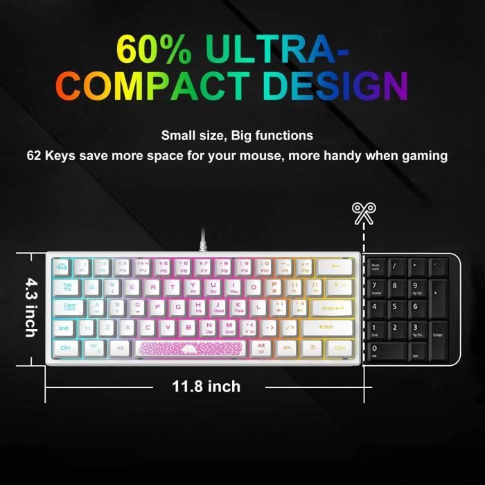 Mini 60% Clavier de Jeu, Câblé USB Gaming Keyboard, Configuration Compact  62 Touches, Ultra-Light Portable,QWERTY, Rétroéclairé RGB Clavier