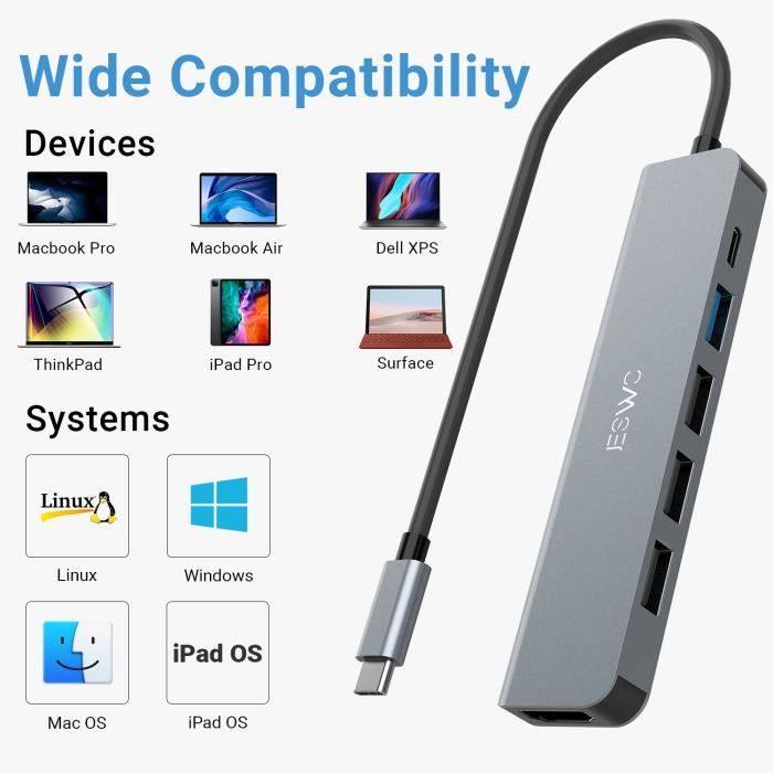 Chrono - Hub USB C, hub USB C 6 en 1 avec Ethernet, adaptateur multiport USB  C avec HDMI 4K, Ethernet RJ45, 2 ports USB, 100 W PD, gris - Adaptateurs -  Rue du Commerce
