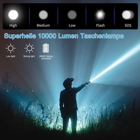 Mini lampe torche LED 10 000 lumens super lumineuse rechargeable par USB  lumière d'urgence IP67 étanche 5 modes d'éclairage p[m1767] - Cdiscount  Bricolage