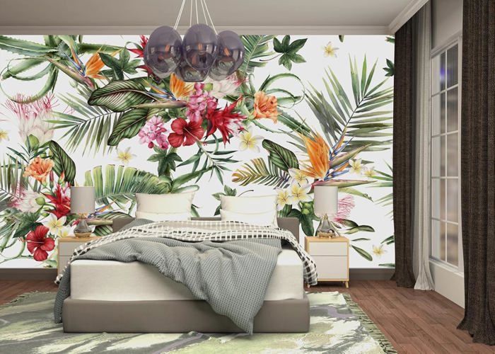 Papier Peint Panoramique Jungle Tropical Style Nordique Fleurs Fresque ...