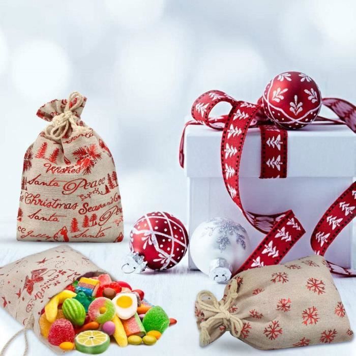Sacs Cadeaux De Noël écologiques - Taille M (21x30cm) Et S (12x17cm) - Fermeture Cordon, Motif Rouge/blanc Champignon
