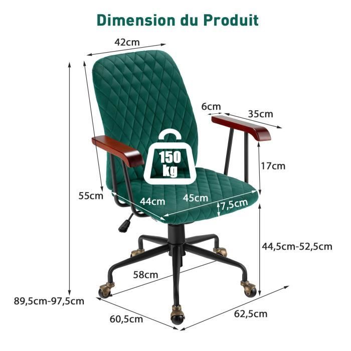 Fauteuil De Bureau Design Bleu Pétrole - Rembourré Velours, Hauteur Réglable, Pivotant