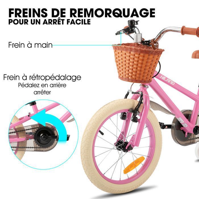 HILAND Velo Enfant 16 Pouces pour Fille garcon 4 6 Ans avec Roues stabilisatrices Frein a Main et Frein a retropedalage Panier Cdiscount Sport