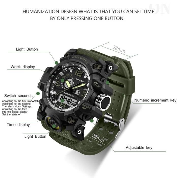 Montre Sanda 742 Montre bracelet a quartz etanche Montre analogique numerique lumineuse pour homme vert armee Achat vente montre Homme Simili Cdiscount