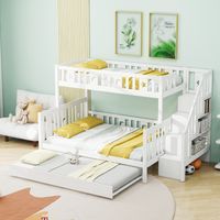 DRIPEX Lit Superposé 90×200 et 140×200cm avec lit à roulettes et sommier à lattes,Lit enfant avec escaliers de rangement,Blanc