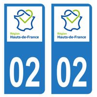 Lot 2 Autocollants Stickers plaque immatriculation voiture auto département 02 Aisne Logo Région Hauts-de-France