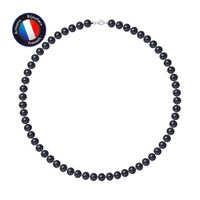 PERLINEA - Collier Perle de Culture d'Eau Douce AAA+ Semi-Ronde 7-8 mm Noire - Mousqueton - Argent 925 Millièmes - Bijoux Femme